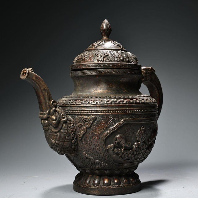 Vintage Tibetan Style Copper Teapot - High Relief Repoussé Ewer With Dragon Spout For Sale - Image 4 of 10