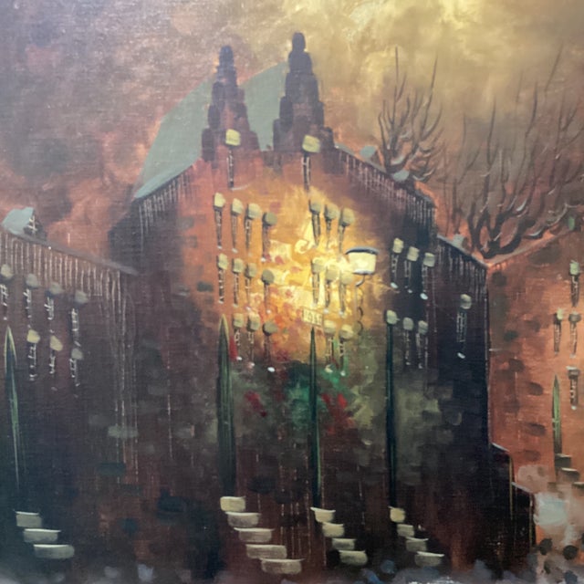 Mid 20th Century Vintage Oil Painting on Canvas "City Motif at Dusk" Signed Framed For Sale - Image 5 of 12