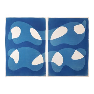 2026, Contemporary Modern Cyanotype Monotype, Blue Tones Abstract Shapes Diptych on Watercolor Paper For Sale