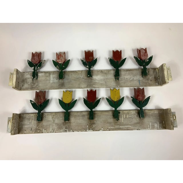 Great pair of vintage wood painted indoor window valences with 5 tulips sprouting from each wood base. These will hang by...