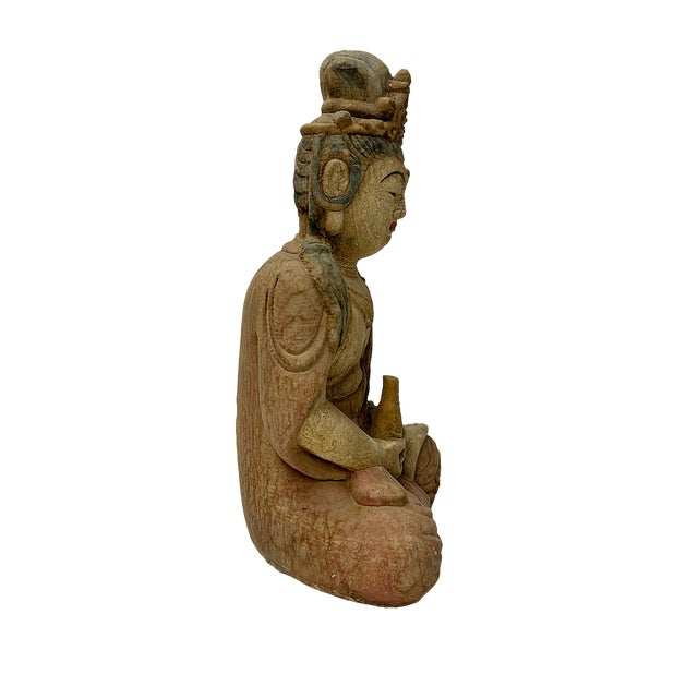 9" Chinese Meditation Cross Legs Bottle Sitting Bodhisattva Wood Statue For Sale - Image 4 of 6