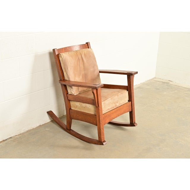 Charles Limbert Stickley Brothers Style Antique Mission Oak Arts & Crafts Rocking Chair, Circa 1910 For Sale - Image 4 of 12