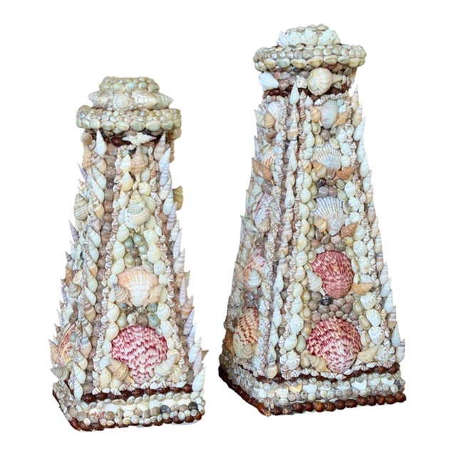 Vintage Handcrafted Coastal Seashell Encrusted Plaster Obelisk Candleholders, Pair For Sale