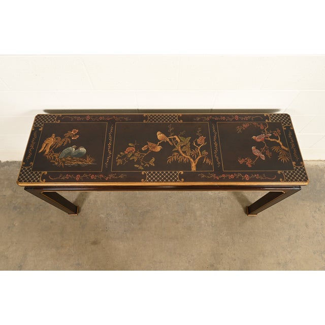 Wood Henredon Hollywood Regency Chinoiserie Mahogany Hand-Painted Console Table With Bird Motif | Circa 1980s For Sale - Image 7 of 16