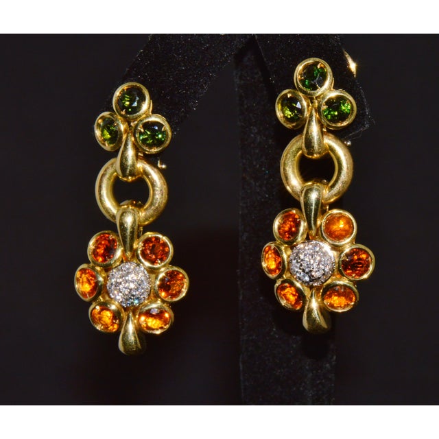 Authentic Vintage Piero Milano 5.40Cts Natural Spessartite Garnet Green Tourmaline Diamond Solid 18k Gold Earrings, Pair For Sale In Dallas - Image 6 of 16