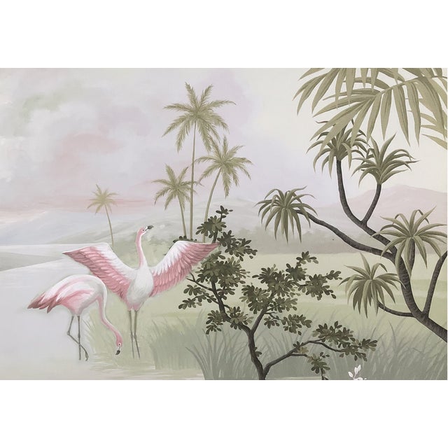 French 36" * H96" * 3ps,‌ Retro French Hand-Painted Tropical Riverside Flamingo Mural, Low-Saturation Misty Wall Covering for Living Room & Bedroom For Sale - Image 3 of 6