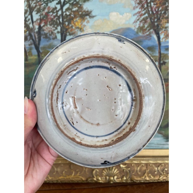 Blue Likely Antique Vietnamese Blue and White Hand-Painted Ceramic Dish, 19th Century Tonal Style.. For Sale - Image 8 of 9
