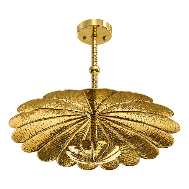 Handmade Brass Floral Ceiling Light, Vintage Lotus Flower Chandelier, Hammered Brass Pendant Light, Scalloped Ceiling Fixture For Sale