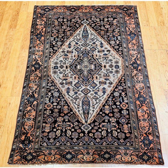 Antique Persian Malayer Area Rug, Hand-Knotted Wool, Geometric Medallion Pattern, Ivory & Navy,5x7 For Sale - Image 9 of 17