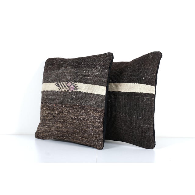 Mid-Century Modern Turkish Brown and Black Kilim Pillow Cover – Set of Two For Sale - Image 3 of 5