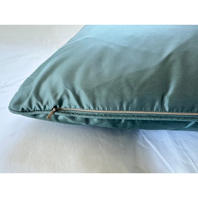 Pair of Custom Blue-Green Silk-Cotton Square Pillows With Cord Detail For Sale - Image 10 of 12