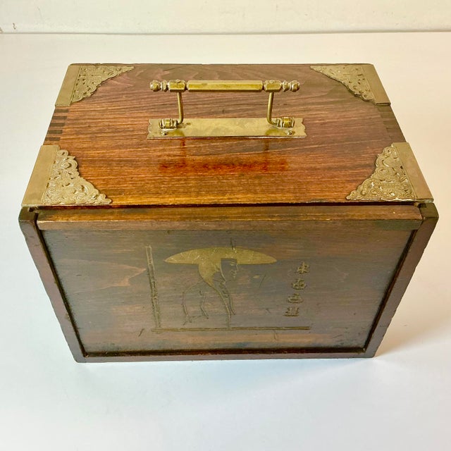 Late 19th C. Antique Chinese Boho Chic Chinoiserie Mahjong Game Set, Walnut & Brass Box For Sale - Image 12 of 18