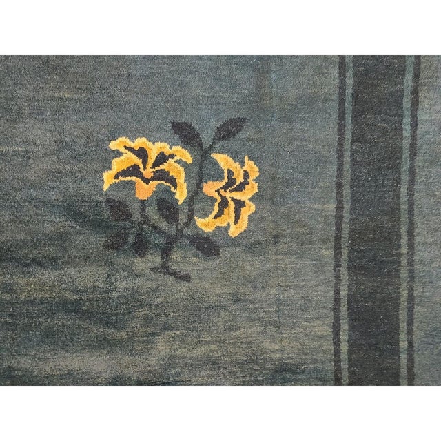 Cerulean 1930s Blue Solid Shou Symbols Floral Antique Chinese Peking Knotted Wool Rug For Sale - Image 8 of 10