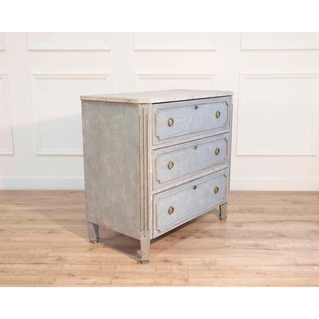 Gustavian (Swedish) Mid 20th Century Swedish Gustavian-Style Blue Chest of Drawers with Faux Marble Top For Sale - Image 3 of 8