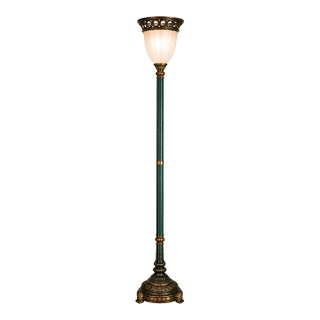 Oxidized Emerald & Antique Brass Neoclassical Torchiere Floor Lamp For Sale