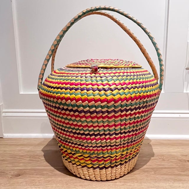 Traditional Vintage Rainbow Seagrass Woven Basket: Extra Large Storage, Snake Charmer Basket For Sale - Image 3 of 12