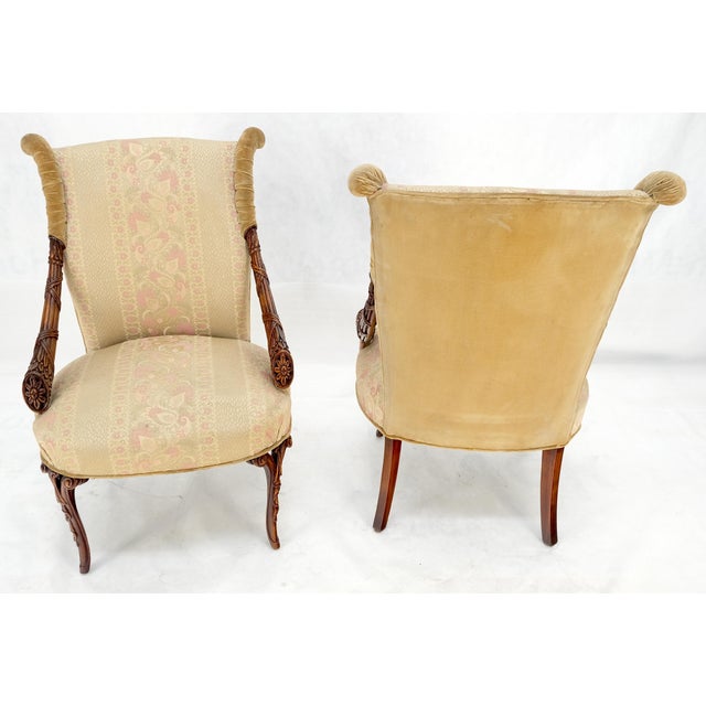 Early 20th Century Pair of Carved Mahogany Fireside Lounge Chairs Regency Revival Style Clean! For Sale - Image 5 of 15