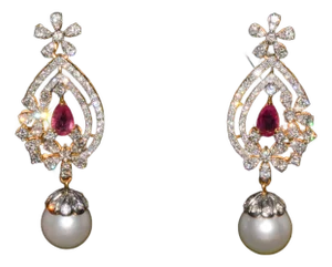 Certified Natural 24.16cts vs F Diamond Ruby South Sea Pearl 18k Solid Gold Dangle Earrings, A Pair