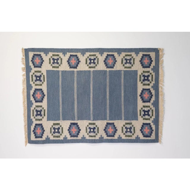 Mid-Century Swedish Kilim in Blue and Cream, 1960 For Sale - Image 6 of 6