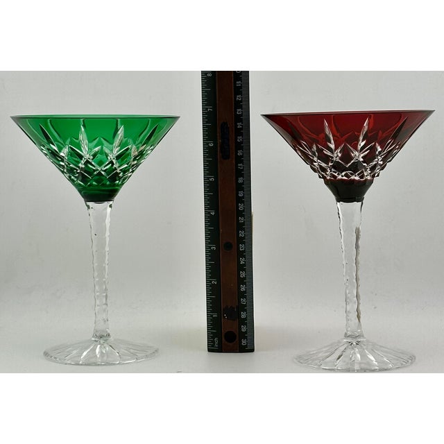 Mid 20th Century Stunning Set of 5 Large Vintage Mid Century 2 Color Overlay Deep Hand Cut to Clear Martini & Wine Glasses For Sale - Image 18 of 18