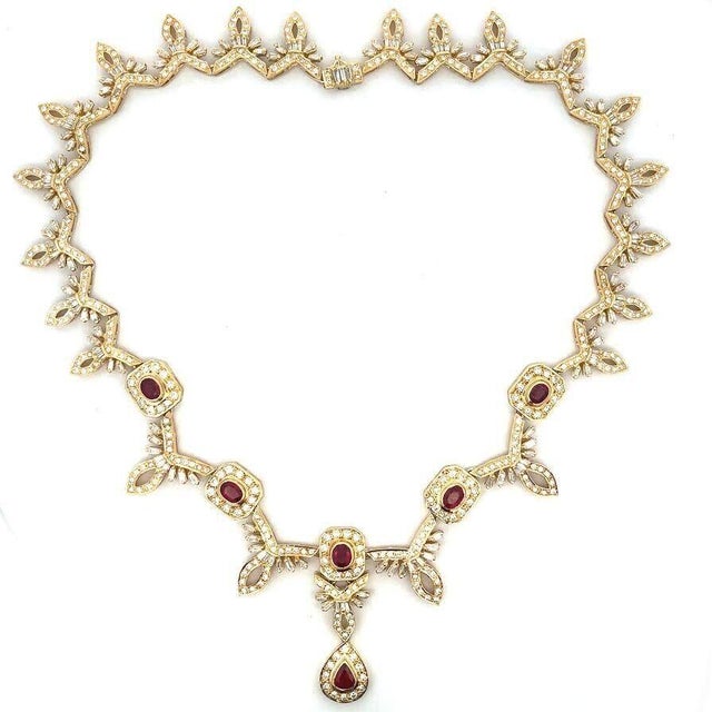 Late 20th Century Diamond Ruby 18ct Necklace 18k Yellow Gold Floral Leaf Style Evening Wear For Sale - Image 5 of 7