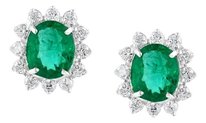 8 Ct Oval Colombian Emerald & 2.5 Ct Diamond Post Back Earrings 18 Kt White Gold