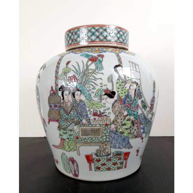 A large Chinese porcelain court ladies garden scene lidded jar, a large, finely formed, round, lidded vessel with gently...