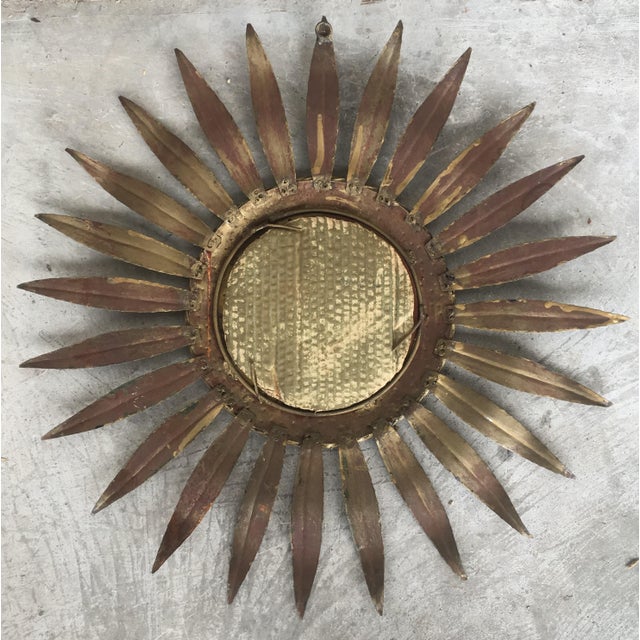 Gold Mid-Century Modern Gilt Iron Layered Leafed Flower Shaped Sunburst Mirror For Sale - Image 8 of 13