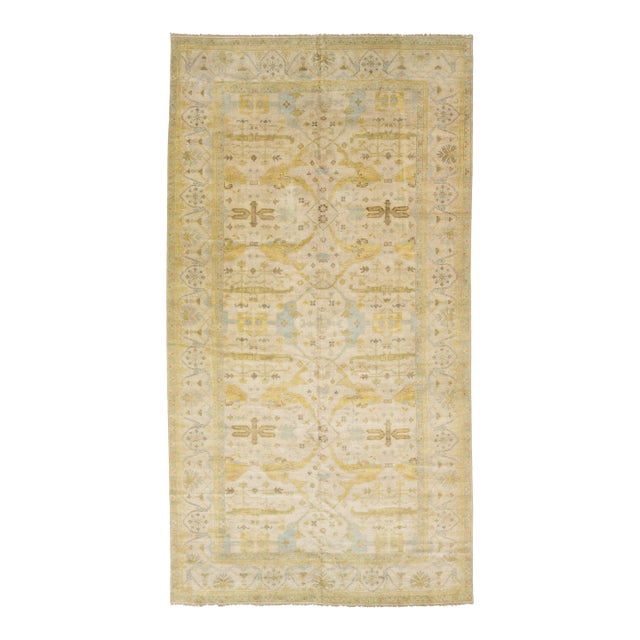 11x21 Modern Oushak Style Wool Rug in Soft Cream, Ochre Gold & Soft Blue For Sale