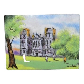 Late 20th Century Dom Dominic Mingolla Enamel on Copper Small Painting Notre Dame? Cathedral For Sale