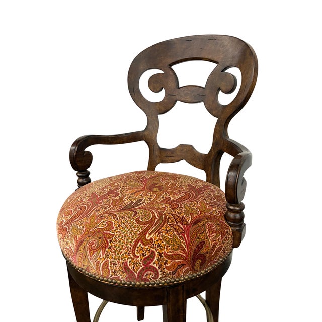Pair of Century Furniture Carved Wood Swivel Bar Stools With Paisley Upholstery For Sale In Charlotte - Image 6 of 8