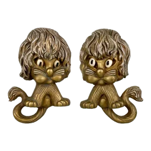 Mid-Century Hollywood Regency Gold Lion Sculptural Wall Hanging Plaques - a Pair