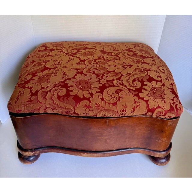 Brown Antique Upholstered Wood Serpentine Storage Footstool on Bun Feet For Sale - Image 8 of 12