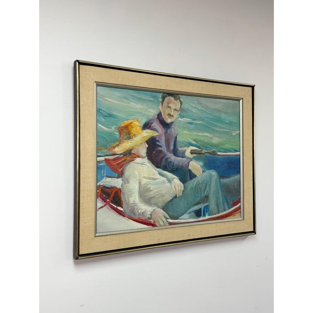 This original oil painting, titled "The Boatman," presents a striking figurative composition, capturing a man resting at...
