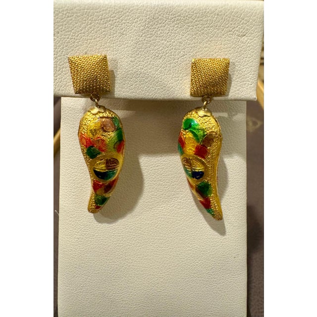 Early 21st Century Vintage Enemel 14 Kt Yellow Gold 10.4 Gm Dangling Earrings, 1.6 Inch Long For Sale - Image 5 of 18