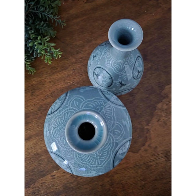 1970’s Thousand Crane Celadon Vases Set of 2 For Sale - Image 11 of 18