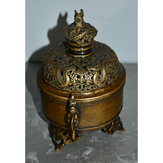 Antique Signed Bronze Two Piece Incense Burner W/Dragon Motif For Sale - Image 10 of 13