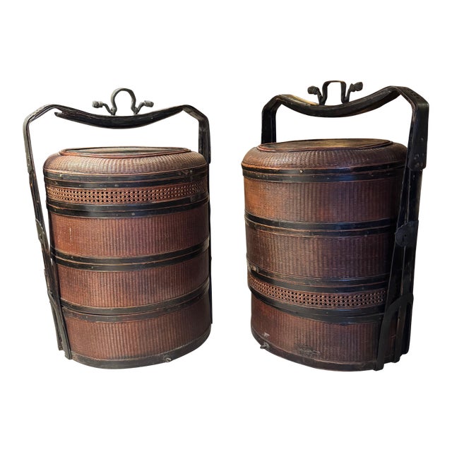 Pair of Antique Chinese Wedding Nesting Baskets in Wicker & Bamboo With Iron Handles For Sale