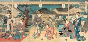 Utagawa Kunisada, Bijin and Children on a Porch with Lanterns, Woodcut, 1870s