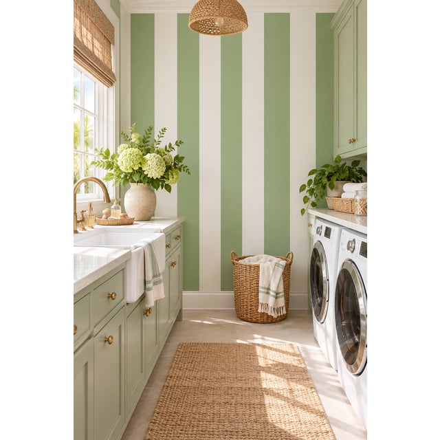 Modern Clubhouse Stripe Grasscloth Wallpaper by House Party | Trellis Green & White | 8 Yards For Sale - Image 3 of 9