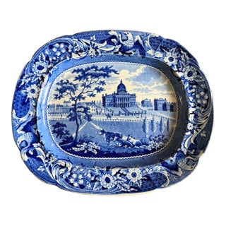 A Very Nice Antique Historical Blue Decorated Staffordshire Platter "State House Boston" by J. Stubbs, Circa 1820's For Sale