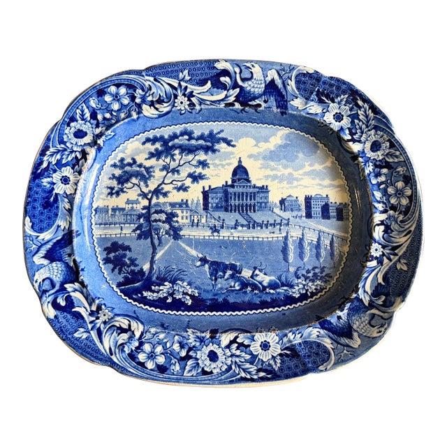 A Very Nice Antique Historical Blue Decorated Staffordshire Platter "State House Boston" by J. Stubbs, Circa 1820's For Sale