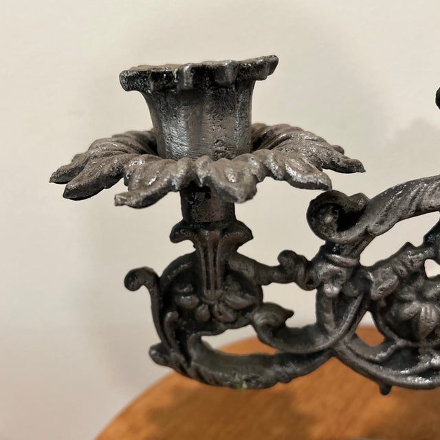 This vintage Art Nouveau triple French Gothic candelabra candle holder exudes a sense of old-world charm with its...