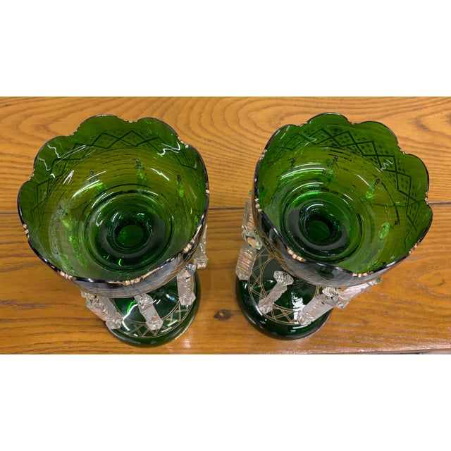 Antique C 1880-1900 Victorian Bohemian Emerald Green Glass Mantle Lustres - Pair For Sale In Kansas City - Image 6 of 14