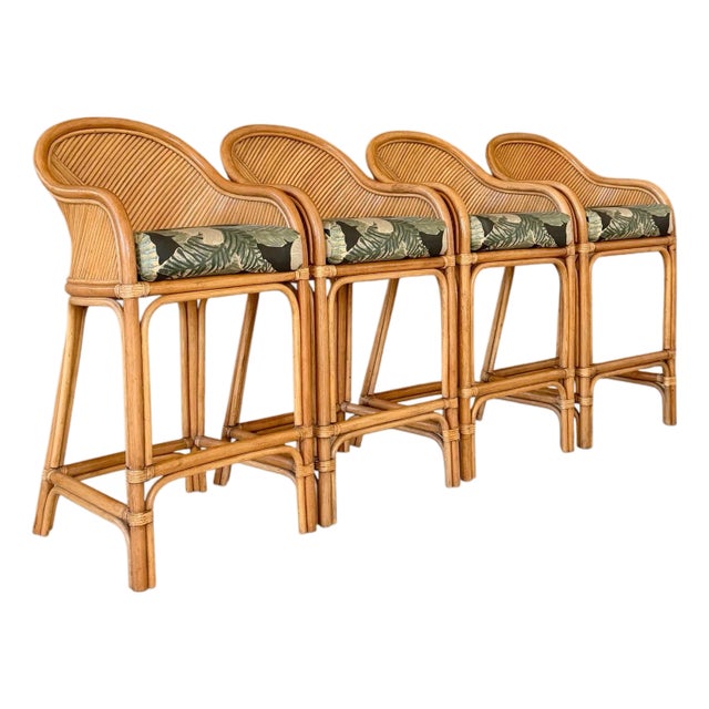 Set of Four Vintage Boho Organic Modern Rattan Bar Stools With Pencil Rattan Backs For Sale