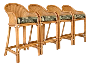 Set of Four Vintage Boho Organic Modern Rattan Bar Stools With Pencil Rattan Backs