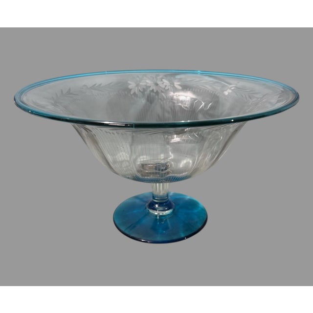 Glass Early 20th Century Steuben Sinclaire Floral Etched Art Glass Footed Console Compote Bowl Blue Edge For Sale - Image 7 of 12