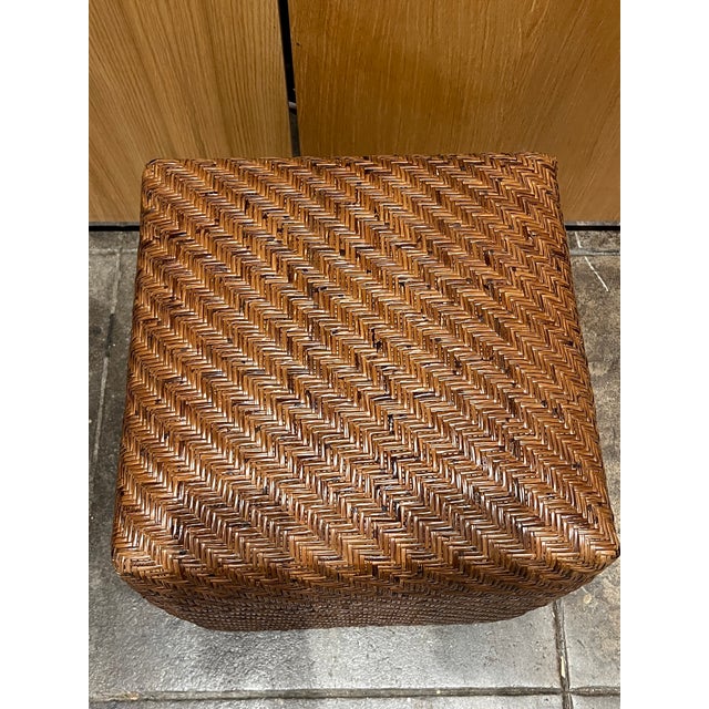 Dark Brown Woven Rattan Ottoman Cube | Chairish