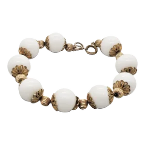 Vintage 1950s Signed Napier Goldtone White Resin Bead Bracelet