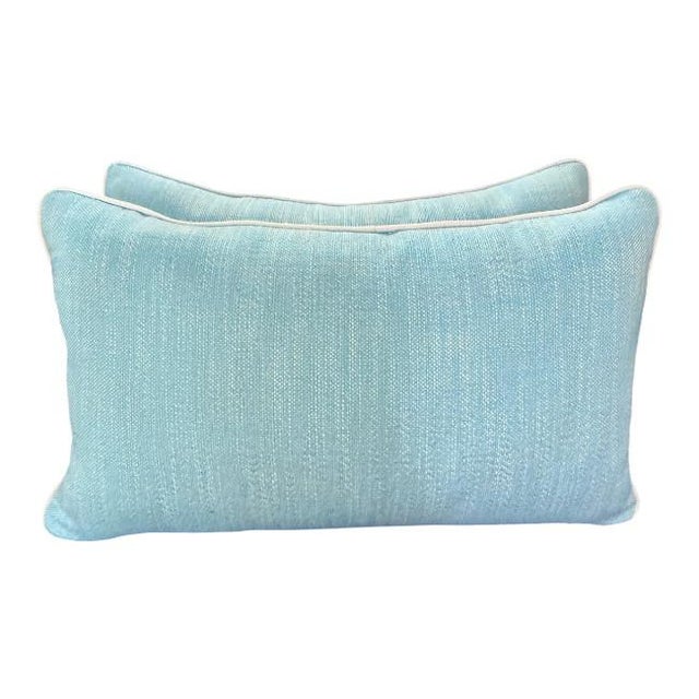 Coastal Pair of Indoor/Outdoor Aqua Lumbar Pillows With White Contrast Welt For Sale - Image 3 of 8